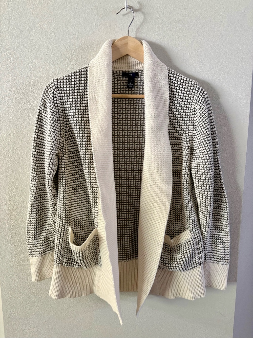 GAP Open Front Shawl Collar Cardigan Sweater cream and gray cotton large